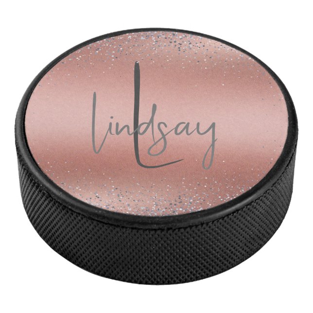 Rose Gold Brushed Metal Glitter Monogram | Hockey Puck (3/4)