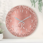 Rose Gold Brushed Metal Glitter Monogram Name<br><div class="desc">Easily personalise this trendy chic large clock design featuring pretty rose gold sparkling faux glitter on a rose gold brushed metallic background.</div>