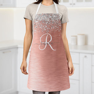 Rose Gold Brushed Metal Glitter Monogram Name Apron