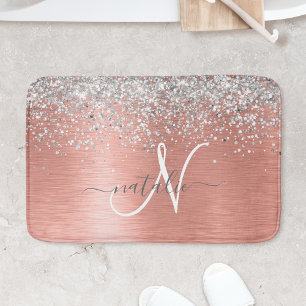 Rose Gold Brushed Metal Glitter Monogram Name Bath Mat