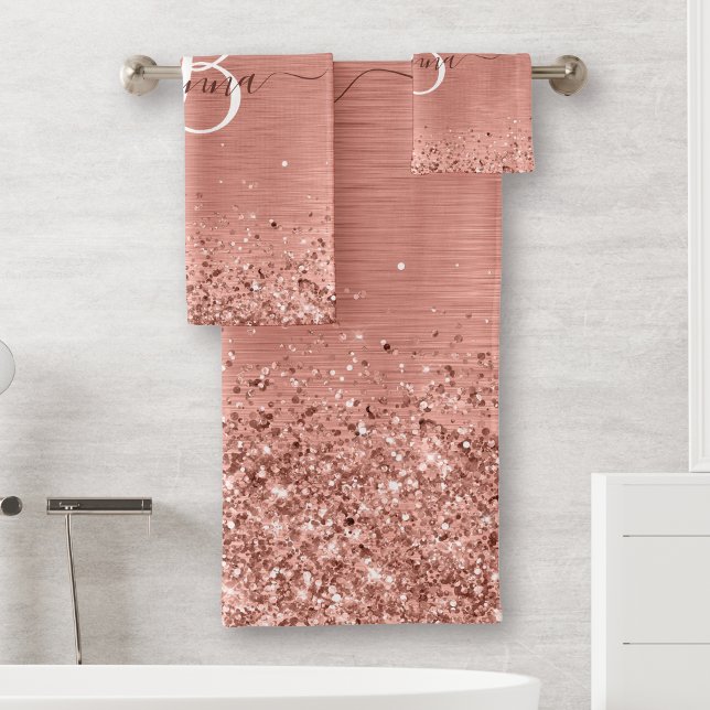 Rose Gold Brushed Metal Glitter Monogram Name Bath Towel Set (Creator Uploaded)