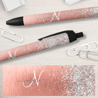 Rose Gold Brushed Metal Glitter Monogram Name