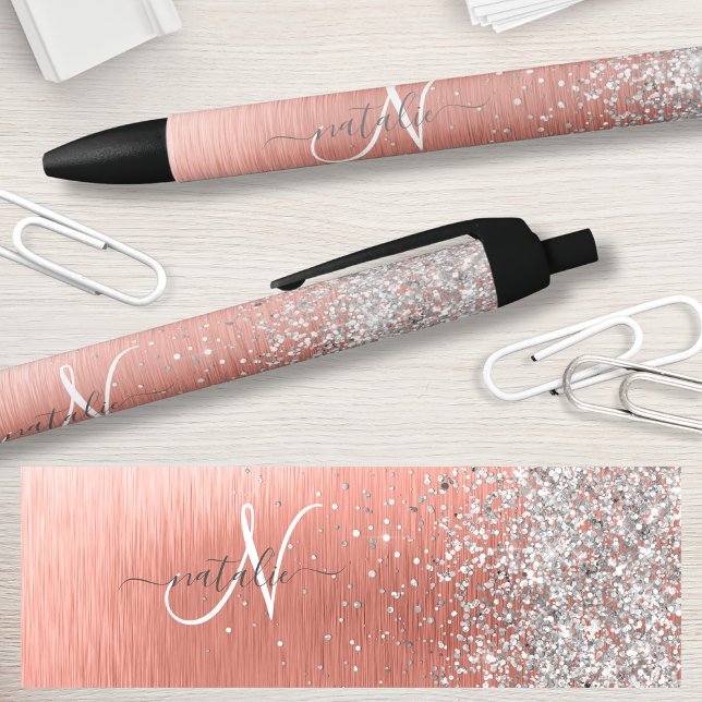 Rose Gold Brushed Metal Glitter Monogram Name Black Ink Pen (Creator Uploaded)
