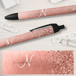 Rose Gold Brushed Metal Glitter Monogram Name  Black Ink Pen