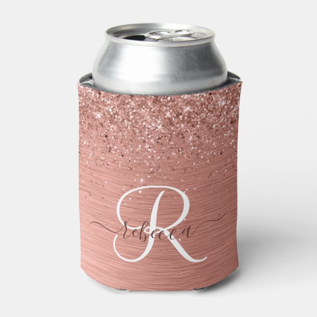 Rose Gold Brushed Metal Glitter Monogram Name Can Cooler (Can Front)