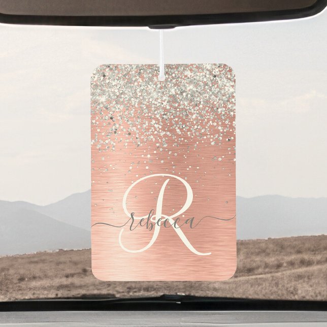 Rose Gold Brushed Metal Glitter Monogram Name Car Air Freshener (Creator Uploaded)