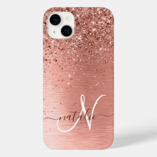 Rose Gold Brushed Metal Glitter Monogram Name Case-Mate iPhone 14 Plus Case