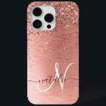 Rose Gold Brushed Metal Glitter Monogram Name iPhone 15 Pro Max Case<br><div class="desc">Easily personalise this trendy chic phone case design featuring pretty rose gold sparkling glitter on a rose gold brushed metallic background.</div>