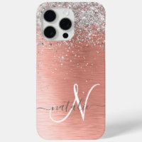 Rose Gold Brushed Metal Glitter Monogram Name