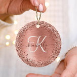 Rose Gold Brushed Metal Glitter Monogram Name  Ceramic Tree Decoration<br><div class="desc">Easily personalize this trendy chic ceramic ornament design featuring pretty rose gold sparkling glitter on a rose gold brushed metallic background.</div>