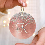 Rose Gold Brushed Metal Glitter Monogram Name Ceramic Tree Decoration<br><div class="desc">Easily personalise this trendy chic ceramic ornament design featuring pretty silver sparkling glitter on a rose gold brushed metallic background.</div>