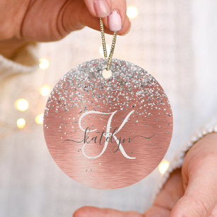 Rose Gold Brushed Metal Glitter Monogram Name Ceramic Tree Decoration