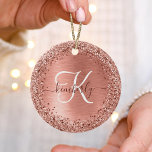 Rose Gold Brushed Metal Glitter Monogram Name  Ceramic Tree Decoration<br><div class="desc">Easily personalize this trendy chic ceramic ornament design featuring pretty rose gold sparkling faux glitter on a rose gold brushed metallic background.</div>