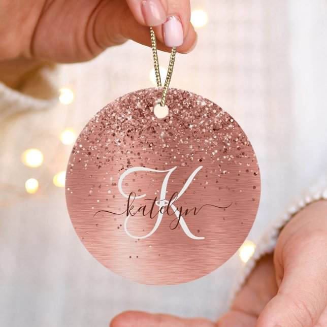 Rose Gold Brushed Metal Glitter Monogram Name Ceramic Tree Decoration (Creator Uploaded)