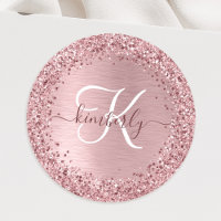 Rose Gold Brushed Metal Glitter Monogram Name Clas