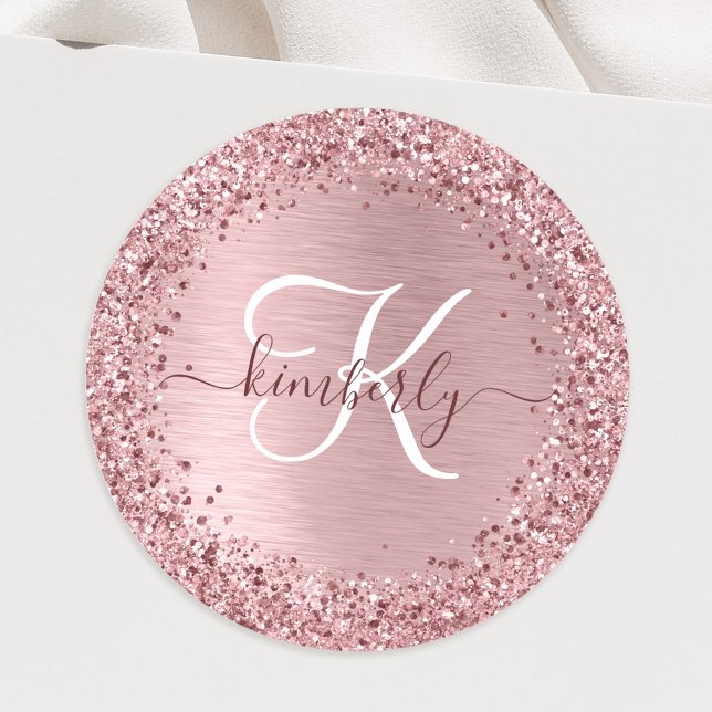 Rose Gold Brushed Metal Glitter Monogram Name Clas Classic Round Sticker (Creator Uploaded)