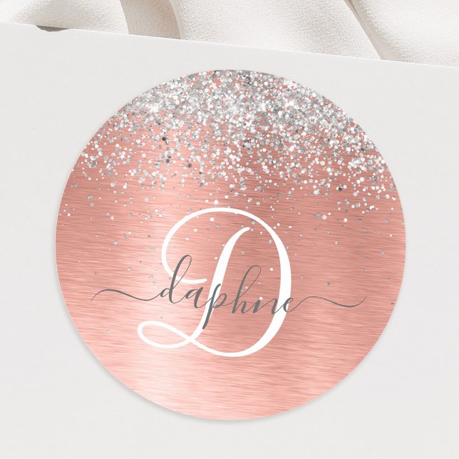 Rose Gold Brushed Metal Glitter Monogram Name Classic Round Sticker (Creator Uploaded)