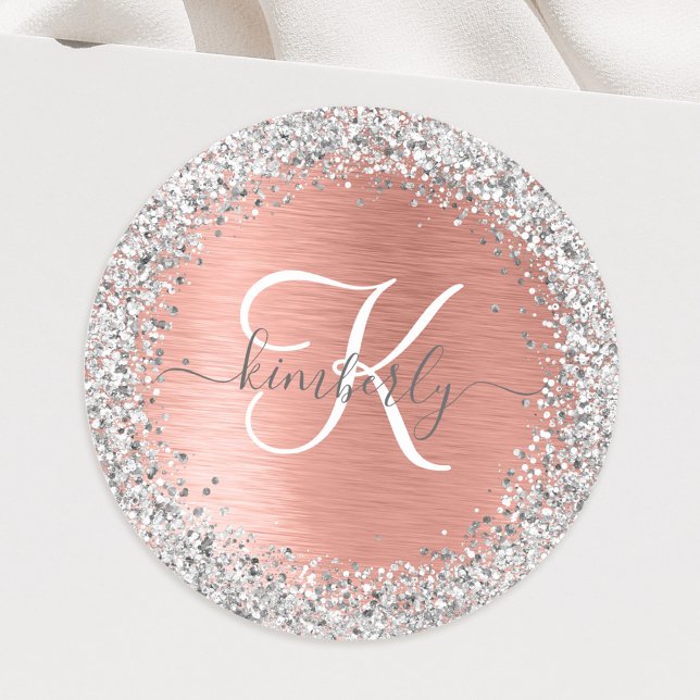 Rose Gold Brushed Metal Glitter Monogram Name Classic Round Sticker (Creator Uploaded)
