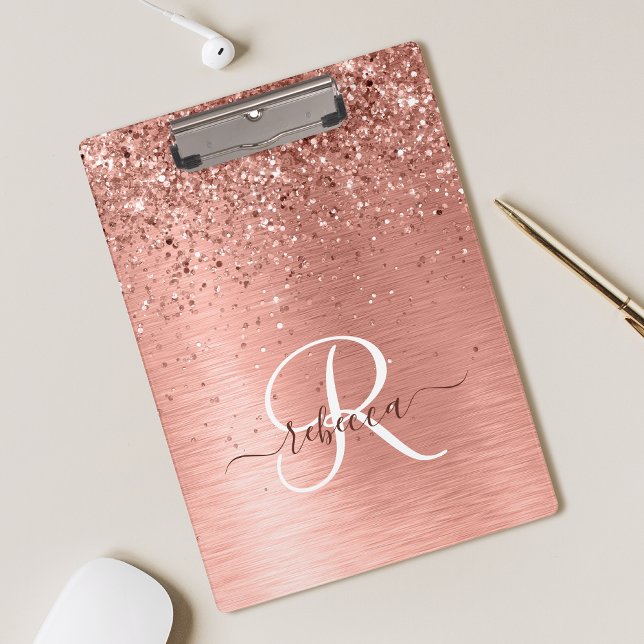 Rose Gold Brushed Metal Glitter Monogram Name Clipboard (Creator Uploaded)