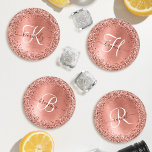 Rose Gold Brushed Metal Glitter Monogram Name Coaster Set<br><div class="desc">Easily personalise this trendy chic coaster set design featuring pretty rose gold sparkling glitter on a rose gold brushed metallic background.</div>