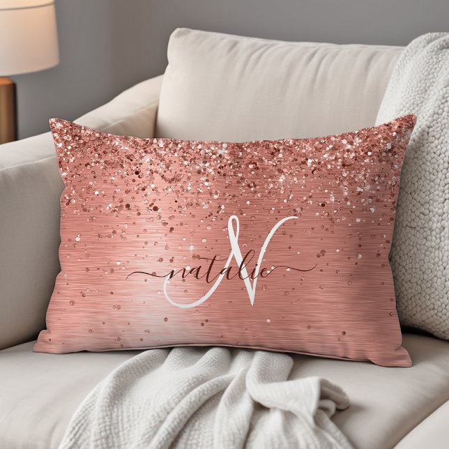 Rose Gold Brushed Metal Glitter Monogram Name Decorative Cushion (Creator Uploaded)