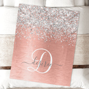 Rose Gold Brushed Metal Glitter Monogram Name Fleece Blanket