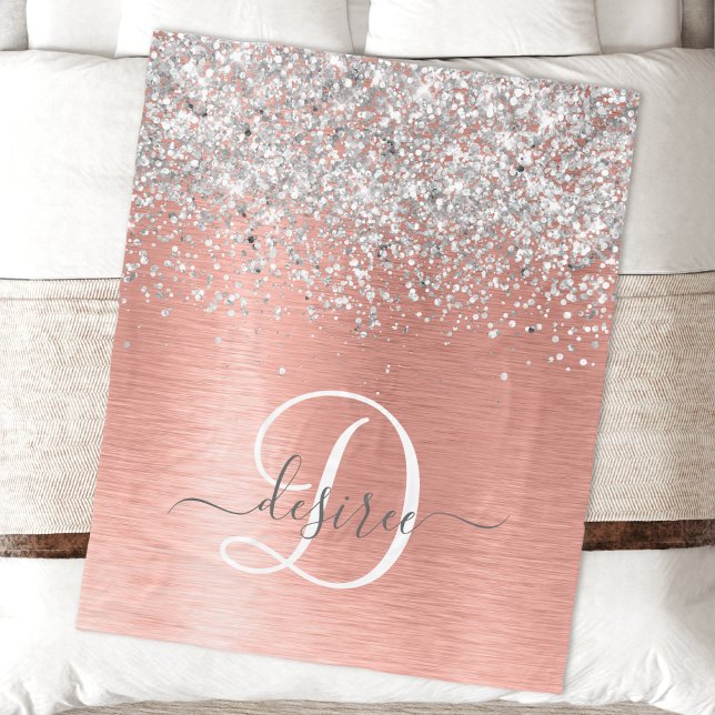 Rose Gold Brushed Metal Glitter Monogram Name Fleece Blanket (Creator Uploaded)