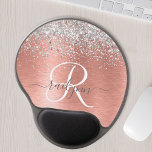 Rose Gold Brushed Metal Glitter Monogram Name Gel Mouse Pad<br><div class="desc">Easily personalise this trendy chic mouse pad design featuring pretty silver sparkling faux glitter on a rose gold brushed metallic background.</div>