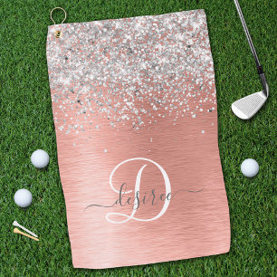 Rose Gold Brushed Metal Glitter Monogram Name Golf Towel