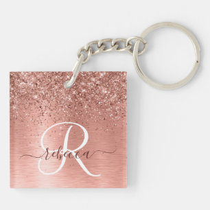 Rose Gold Brushed Metal Glitter Monogram Name Key Ring