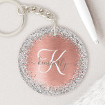 Rose Gold Brushed Metal Glitter Monogram Name Key Ring<br><div class="desc">Easily personalise this trendy chic keychain design featuring pretty silver sparkling glitter on a rose gold brushed metallic background.</div>