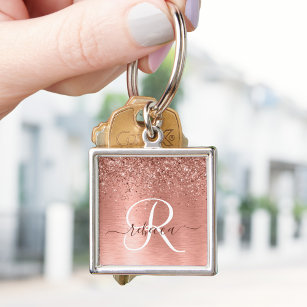 Rose Gold Brushed Metal Glitter Monogram Name Key Ring