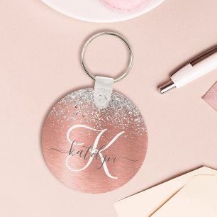 Rose Gold Brushed Metal Glitter Monogram Name Key Ring