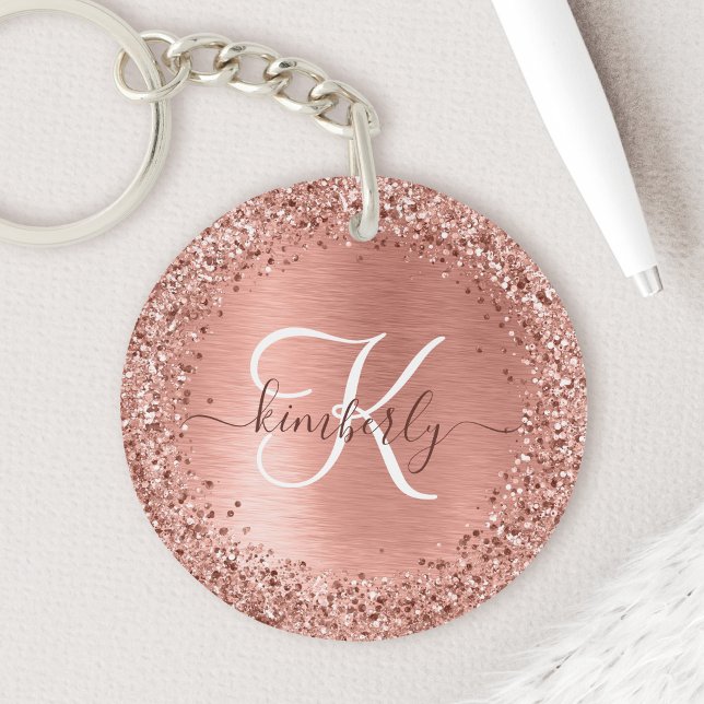 Rose Gold Brushed Metal Glitter Monogram Name Key Ring (Creator Uploaded)