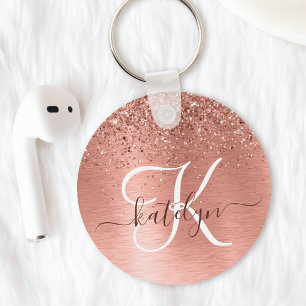 Rose Gold Brushed Metal Glitter Monogram Name Key Ring