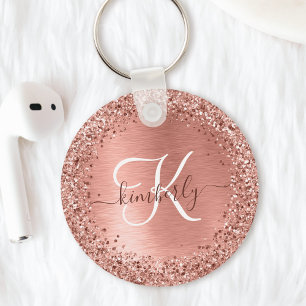 Rose Gold Brushed Metal Glitter Monogram Name Key Ring