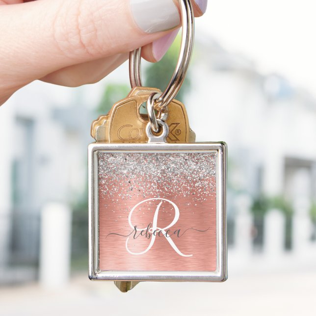 Rose Gold Brushed Metal Glitter Monogram Name Key Ring (Personalize your keys with this elegant monogrammed keychain that has a silver glitter on rose gold.)
