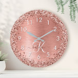 Rose Gold Brushed Metal Glitter Monogram Name Large Clock<br><div class="desc">Easily personalise this trendy chic large clock design featuring pretty rose gold sparkling glitter on a rose gold brushed metallic background.</div>