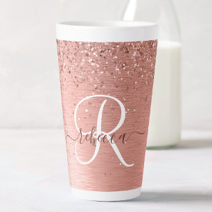 Rose Gold Brushed Metal Glitter Monogram Name Latte Mug