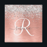 Rose Gold Brushed Metal Glitter Monogram Name Magnet<br><div class="desc">Easily personalize this trendy chic magnet design featuring pretty silver sparkling glitter on a rose gold brushed metallic background.</div>