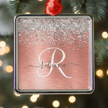 Rose Gold Brushed Metal Glitter Monogram Name Metal Tree Decoration<br><div class="desc">Easily personalise this trendy chic ornament design featuring pretty silver sparkling glitter on a rose gold brushed metallic background.</div>