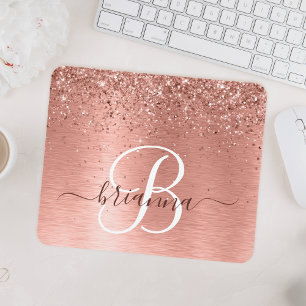 Rose Gold Brushed Metal Glitter Monogram Name Mouse Pad