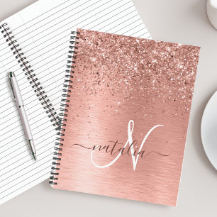 Rose Gold Brushed Metal Glitter Monogram Name Notebook