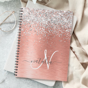 Rose Gold Brushed Metal Glitter Monogram Name Notebook