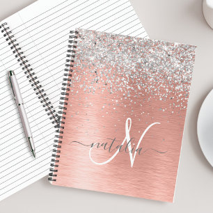 Rose Gold Brushed Metal Glitter Monogram Name Notebook