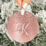 Rose Gold Brushed Metal Glitter Monogram Name Ornament<br><div class="desc">Easily personalise this trendy chic ornament design featuring pretty rose gold sparkling glitter on a rose gold brushed metallic background.</div>