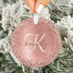 Rose Gold Brushed Metal Glitter Monogram Name Ornament<br><div class="desc">Easily personalise this trendy chic ornament design featuring pretty rose gold sparkling faux glitter on a rose gold brushed metallic background.</div>