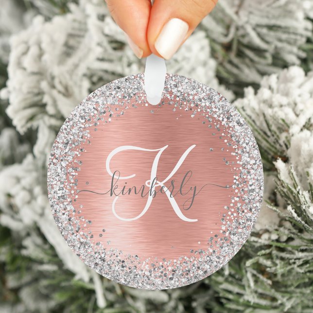 Rose Gold Brushed Metal Glitter Monogram Name Ornament (Creator Uploaded)