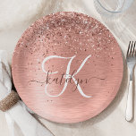 Rose Gold Brushed Metal Glitter Monogram Name Pape Paper Plate<br><div class="desc">Easily personalise this trendy chic paper plate design featuring pretty rose gold sparkling glitter on a rose gold brushed metallic background.</div>