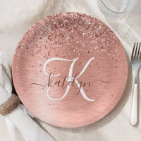 Rose Gold Brushed Metal Glitter Monogram Name Pape
